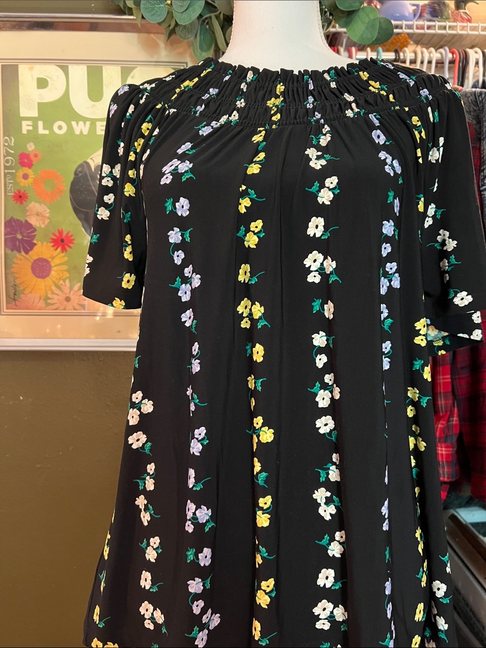 Ann Taylor Black Floral Smocked Neck Top